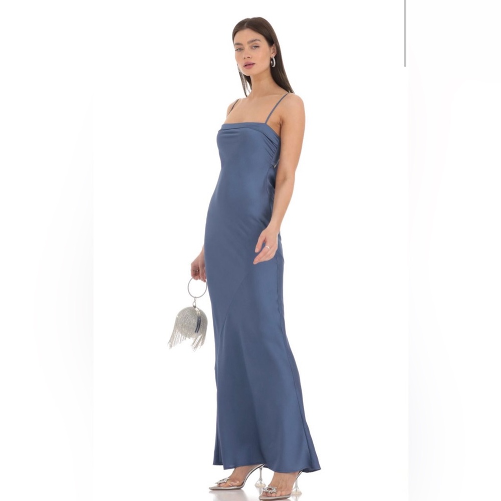 Lucy in the Sky Satin Open Back Maxi Dress in Blue Size Small